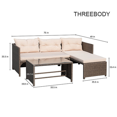 3 Pieces Rattan Sectional Outdoor Lounge Sofa Sets Clearance UV Resistant